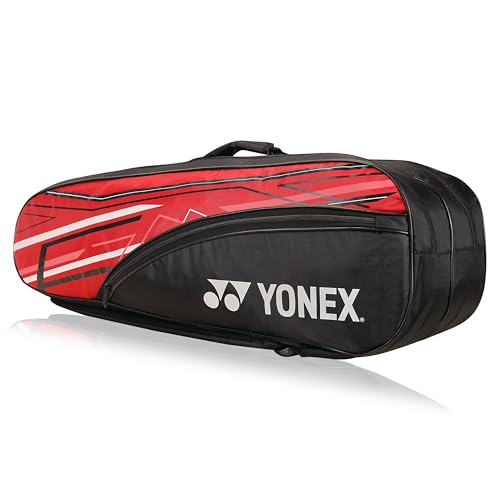 Yonex Stylish Badminton Kit-Bag |Double Zipper Compartment for Storage of 6 Rackets and Clothes|Side Pocket |Back Straps |Accessories Compartment |Made in India - color: RED BLACK