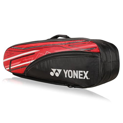 Yonex Stylish Badminton Kit-Bag |Double Zipper Compartment for Storage of 6 Rackets and Clothes|Side Pocket |Back Straps |Accessories Compartment |Made in India - color: RED BLACK