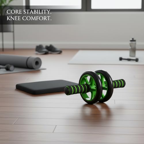 Green Ab Wheel Roller with Knee Pad, Dual Exercise Wheel for Core Strength Training, Non-Slip Rubber Wheels for Home Gym Workouts