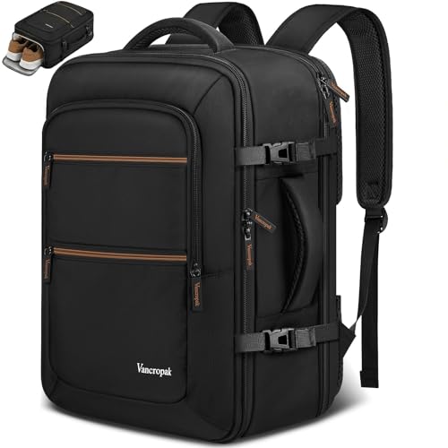 Vancropak Personal Item Travel Backpack for Men & Women, 17.3 inch Water Resistant Travel Laptop Backpack, Large TSA Airline Approved Under Seat Carry On Bag for Frontier Airlines - color: Black Brown