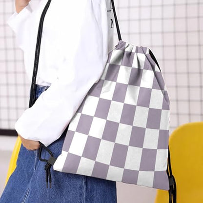 Drawstring Backpack Draw String Bag Waterproof for Sports Gym Beach Travel Cute Aesthetic Sackpack Men Women (13"×17")-Purple Checkered - color: S-11-purple
