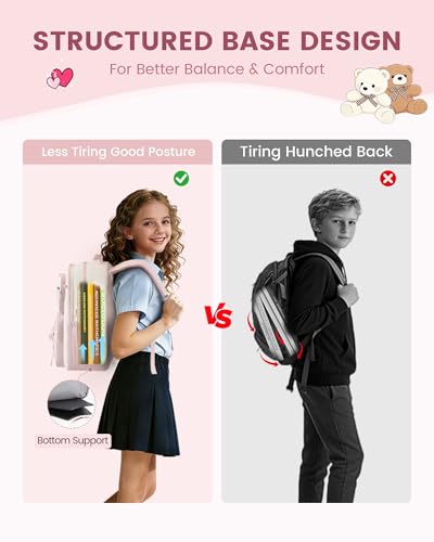 LOVEVOOK Cute School Backpack for Girls Ages 8-14, Bookbag with Plush Bear & Clear Display Pocket, Fits 15.6 Inch Laptop & 40oz Tumbler, Back to School Backpack for Elementary & Middle School - color: Purple / Off-white