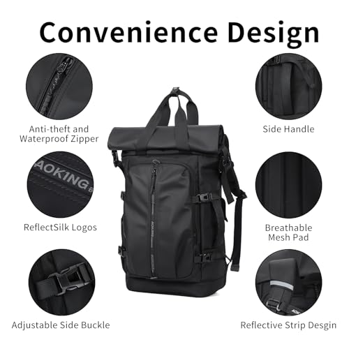 Rolltop Backpack, Travel Rucksack for Men Women, Anti Theft Backpacks with 15.6-inch Laptop Compartment, Waterproof Casual Daypack for Work, Business, Commuter and College - color: Black