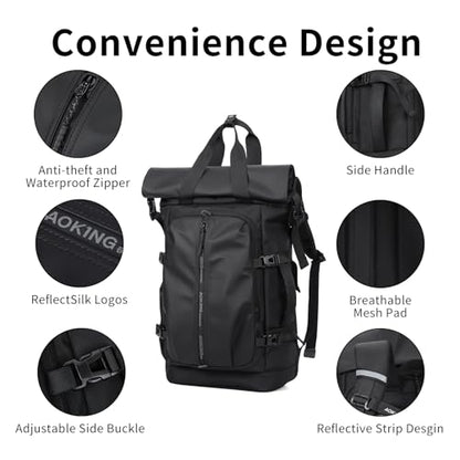 Rolltop Backpack, Travel Rucksack for Men Women, Anti Theft Backpacks with 15.6-inch Laptop Compartment, Waterproof Casual Daypack for Work, Business, Commuter and College - color: Black