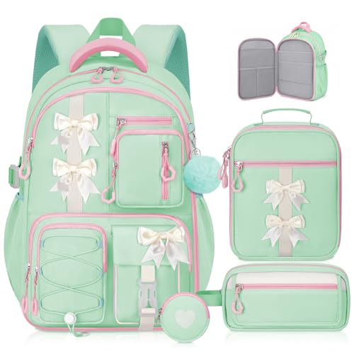 Girls Backpack with Lunch Box Set, 4 PCS Cute Kawaii School Bookbag for Elementary Girls, Green Aesthetic Large Laptop Backpack for Kids & Teens - color: Green