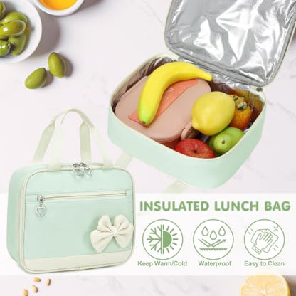 GeeWin Girls Backpack for School with Lunch Box & Pencil Case Set, 17 Inch Waterproof Cute Bow Girls Bookbag for Kids, Teens, Elementary Middle High College School Student (Green/Beige) - color: Green Beige