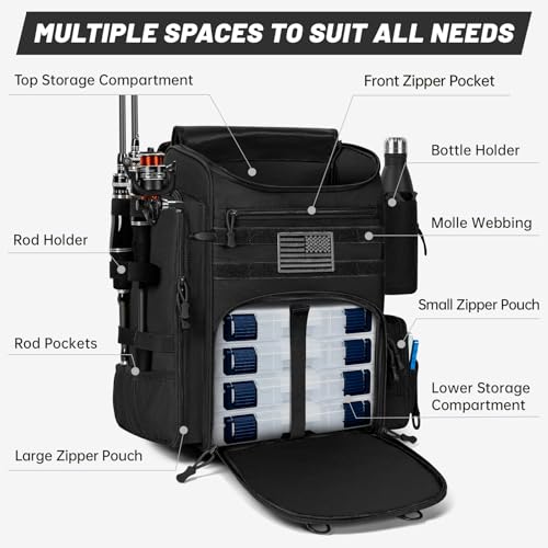 40L Fishing Backpack Water Resistant Fishing Tackle Bag with 2 Rod Holders, Tackle Storage Bag for Anglers(Black,Bag Only) - color: Black