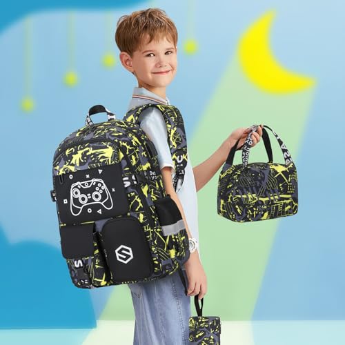 Scothen Boys Backpack, Cool Luminous School Backpacks for Boys with Lunch Bag Pencil Case, Kids Backpack Kindergarten Elementary Middle School Book Bags for Teen Boys Children with USB Charging Port - color: Yellow Graffiti