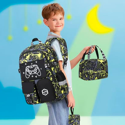 Scothen Boys Backpack, Cool Luminous School Backpacks for Boys with Lunch Bag Pencil Case, Kids Backpack Kindergarten Elementary Middle School Book Bags for Teen Boys Children with USB Charging Port - color: Yellow Graffiti