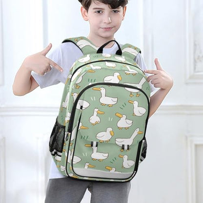 Cartoon Duck Pattern Green Backpack Girls Boys Elementary School Bags Bookbags Laptop Backpack Travel Daypack Safe Reflective Stripes