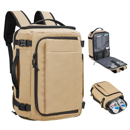 Carry On Travel Backpack with Shoe Compartment Flight Approved Laptop Backpack Expandable Work Business Backpack for Women Men Casual Daypack, Khaki - color: Khaki, style: A