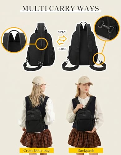 Mini Backpack for Women Nylon Small Backpack Purse Crossbody Sling Bag Convertible Backpack Casual Shopping Daypack (Black) - color: Black