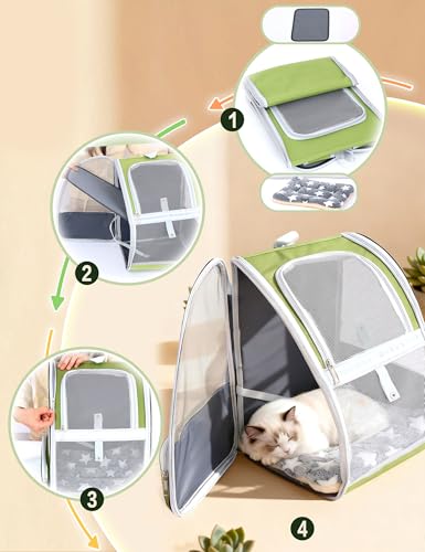 Cat Backpack Carrier with Washable Bed Mat Breathable Cat Carrier Large Space Medium Small Dog Puppy Kitty Ventilated Mesh Pet Backpack for Cats Travel Walking Outdoor Use(Green 13.8" Lx11.4 Wx16 H)