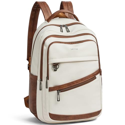 LATMAP Backpack for Women Men - Vegan Leather Backpack Purse Travel Carry-on Bag College Bookbag Work fits 16.5" Laptop, Beige - color: Beige