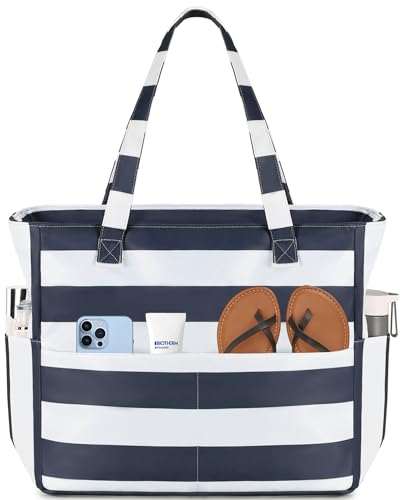 LEDAOU Beach Bag Waterproof Sandproof Women Beach Tote Pool Bag with Zipper for Swim Gym Grocery Travel with Wet Pocket | Sandproof - color: Blue Grey White