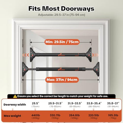 Sportneer Pull Up Bar Doorway Chin Up Bar No Screws Door Frame Chin Up Push Up Sit Up Bar Adjustable 75-94cm (29.5''-37'') Up to 200kg Capacity Workout Bar