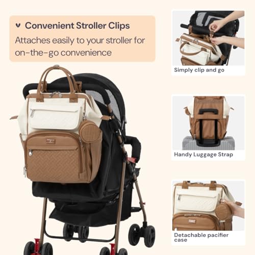 BabbleRoo Leather Diaper Bag Backpack, Multifunction Large Bags with Changing Pad & Stroller Straps & Pacifier Case, Unisex Stylish Travel Back Pack Nappy Changing Bag for Moms Dads (Caramel Cream) - color: Vegan Leather, Caramel Cream