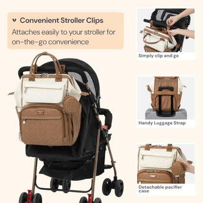 BabbleRoo Leather Diaper Bag Backpack, Multifunction Large Bags with Changing Pad & Stroller Straps & Pacifier Case, Unisex Stylish Travel Back Pack Nappy Changing Bag for Moms Dads (Caramel Cream) - color: Vegan Leather, Caramel Cream