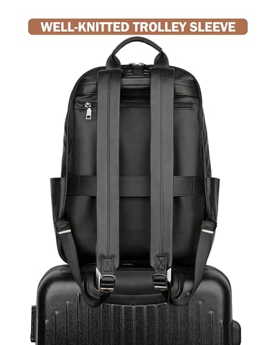 MASINTOR 15.6 inch Leather Laptop Backpack Purse for Women, Designer Travel and Work Bag with Laptop Compartment Black - color: Black