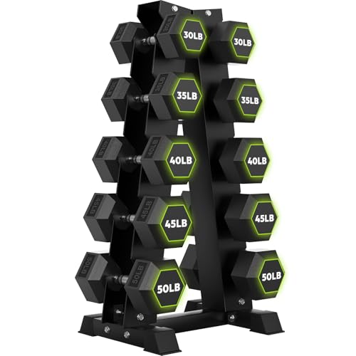 HANDBODE Rubber Coated Hex Dumbbell Set with A-Frame Rack, 100 lb - 600 lb Multiple Options Weight, Hexagon Non-Rolling Shape, Ergonomic Knurled Handle, Home Gym Equipment for Strength Training - style: 400 lb (30, 35, 40, 45, 50 lb) X 2 & Rack
