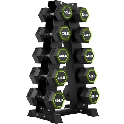 HANDBODE Rubber Coated Hex Dumbbell Set with A-Frame Rack, 100 lb - 600 lb Multiple Options Weight, Hexagon Non-Rolling Shape, Ergonomic Knurled Handle, Home Gym Equipment for Strength Training - style: 400 lb (30, 35, 40, 45, 50 lb) X 2 & Rack