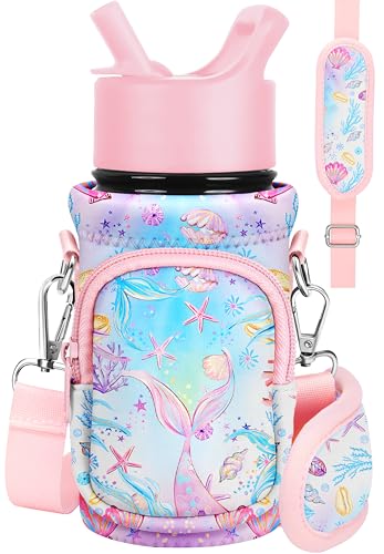 Miss Adola Water Bottle Carrier with Strap - Insulated Kids Water Bottle Holder for Boys Girls Bottle Bag for 10-18Oz - color: Pink Fishtail