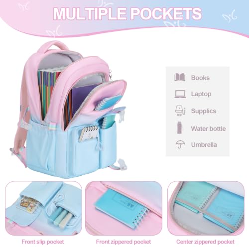 DIGOBAY 3PCS Girls Backpack for School, Kids Backpack for Girls with Lunch Bag Pencil Case, Kids Bookbag Teen Girl Backpacks for Elementary Middle High College School (Pink-blue Gradient) - color: Pink-blue Gradient