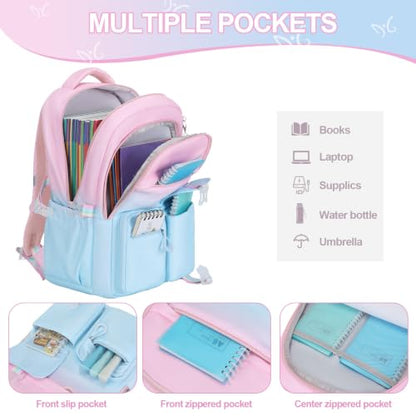 DIGOBAY 3PCS Girls Backpack for School, Kids Backpack for Girls with Lunch Bag Pencil Case, Kids Bookbag Teen Girl Backpacks for Elementary Middle High College School (Pink-blue Gradient) - color: Pink-blue Gradient