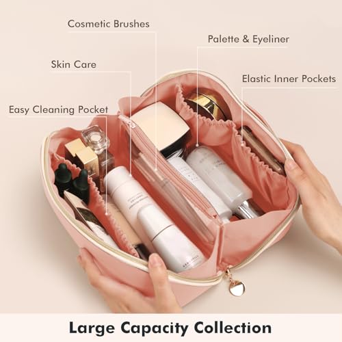 Prite Makeup Bag for Women Travel Waterproof Vegan Leather Cosmetic Bag Open Flat Toiletry Bag With Clear Divider and Handle (Pink, Large) - color: Pink, size: Large