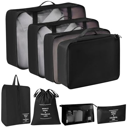 8 Set Packing Cubes for Suitcases, INVODA Travel Luggage Packing Organizers with Laundry Bag, Compression Storage Shoe Bag, Clothing Underwear Bag (Black) - color: Black