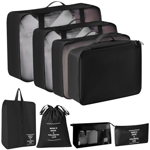 8 Set Packing Cubes for Suitcases, INVODA Travel Luggage Packing Organizers with Laundry Bag, Compression Storage Shoe Bag, Clothing Underwear Bag (Black) - color: Black