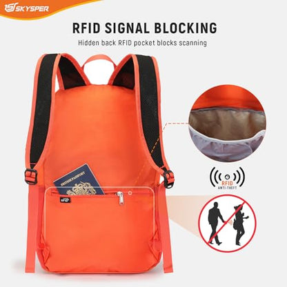 SKYSPER Small Hiking Backpack for Men Women 20L RFID Packable Daypack Ultralight Foldable Back Pack Lightweight Collapsible Travel Day Pack - color: Orange