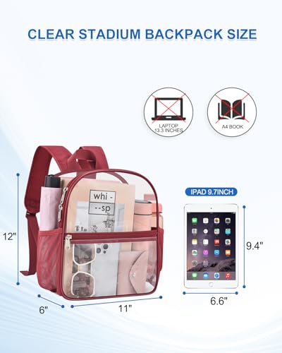 Clear Backpack for Stadium Events, 12x12x6 Small Clear Plastic bag with Reinforced Straps for Game Security Festival Concert - color: Rose Red