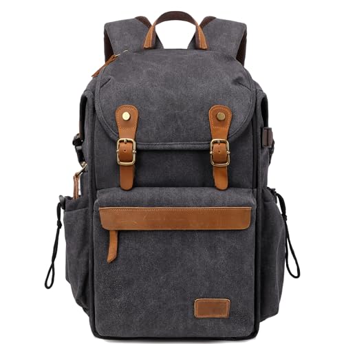 Vintage Canvas Camera Backpack (Charcoal Black) for DSLR/Mirrorless & Drone, Waterproof Photography Bag with 16" Laptop Compartment, Large Capacity Travel Camera Bag for Photographers - color: Grey