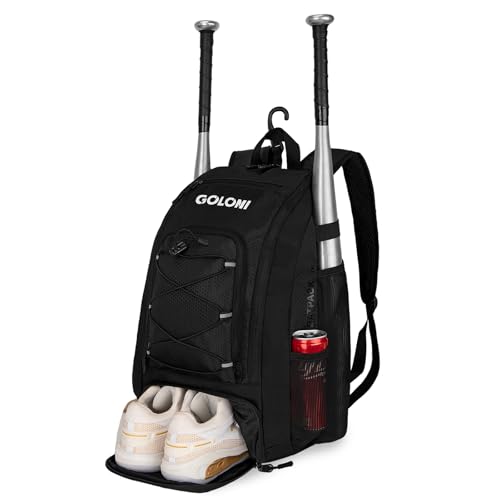 Goloni 40L Baseball Bag, Softball Bat Bag with Shoes Compartment,Fence Hook,Backpack for Baseball, T-Ball & Softball Equipment & Gear - color: Black