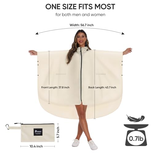 PTEROMY Hooded Rain Poncho for Adult with Pocket and Zipper, Waterproof Lightweight Raincoat for Men and Women - color: Beige