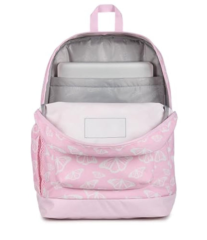 JanSport Cross Town Plus Backpack - Large Main Compartment, Side Water Bottle Pocket, 15-Inch Padded Laptop Sleeve - Flutter By - color: Flutter By Pink Ice/White/Pink Ice