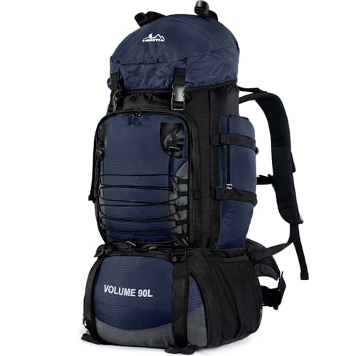 90L Hiking Backpack with Rain Cover, Waterproof Camping Backpack with Shoes Warehouse for Men Women, Frameless(Blue) - color: Blue