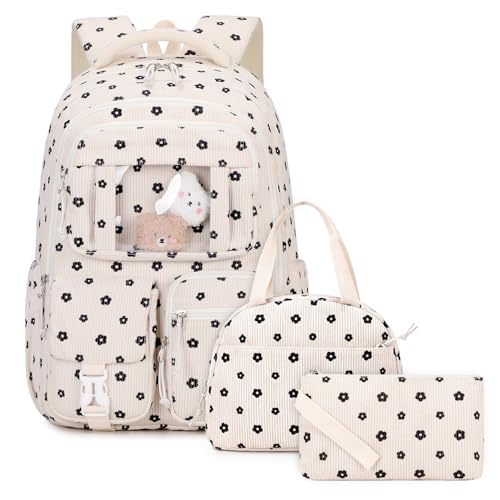 PIG PIG GIRL Corduroy Backpack 3PCS Kids Backpack for Girls School Bags for Middle School Students Book Bag for Elementary Primary Kawaii Ita Backpack with Lunch Box Pencil Case Set, Flower - color: Flower-3pcs