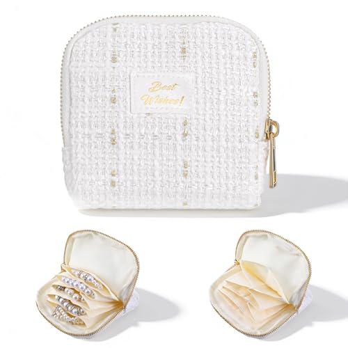 Travel Jewelry Case Organizer, Multi Compartment Design Jewelry Pouch with Zipper, Portable Soft Velvet Bag with Pouches for Storage Bracelet Rings Earring Beaded necklace, Wedding Gifts White