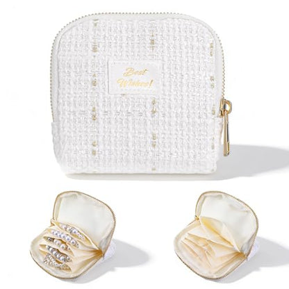 Travel Jewelry Case Organizer, Multi Compartment Design Jewelry Pouch with Zipper, Portable Soft Velvet Bag with Pouches for Storage Bracelet Rings Earring Beaded necklace, Wedding Gifts White
