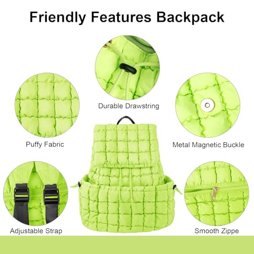 XSUIOY Quilted Backpack Purse for Women Small Lightweight Puffer Puffy College Laptop Backpack Nylon Casual Bookbag Daypack Top Flap Drawstring Padding Hiker Travel Gym Backpack(Green) - color: Green