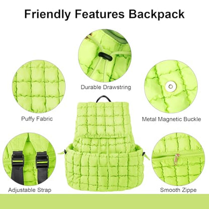 XSUIOY Quilted Backpack Purse for Women Small Lightweight Puffer Puffy College Laptop Backpack Nylon Casual Bookbag Daypack Top Flap Drawstring Padding Hiker Travel Gym Backpack(Green) - color: Green