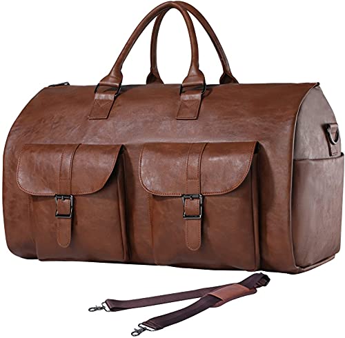 seyfocnia Convertible Travel Garment Bag,Carry on Garment Duffel Bag for Men Women - 2 in 1 Hanging Suitcase Suit Business Travel Bag - color: Brown-2pockets-Leather