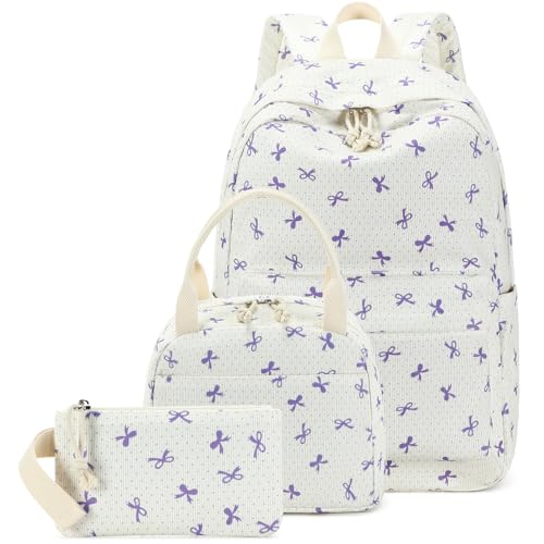 LEDAOU Backpack for Girls School Bag Kids Bookbag Teen Backpack Set Daypack with Lunch Bag and Pencil Case | Kids - color: Purple Bowtie -Beige