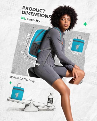 WATERFLY Small Lightweight Packable Backpack: 10L Mini Ultra Light Foldable Travel Sport Cycling Daypack with Breathable Shoulder Strap Outdoor Hiking Walking Day Pack for Women Men - color: Peacock Blue