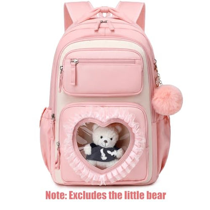 MOONBABY Girls Backpack Set with Lunch Bag & Pencil Case for School, Cute Kawaii Ita Heart Window Bookbag, Large Kids Backpack for Girls Age 6-12, Elementary & Middle Schoolbag - color: Pink-white-set