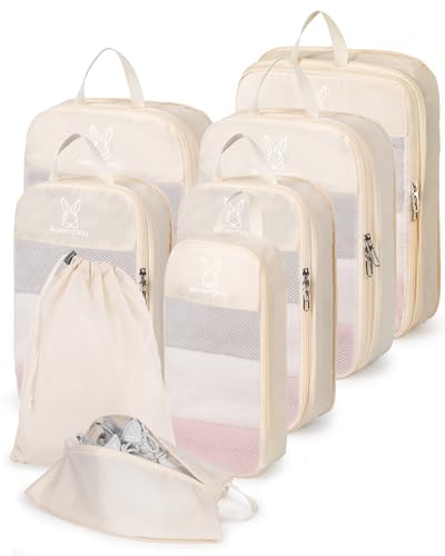 6/8 Sets Compression Packing Cubes for Travel, Bunnychill Portable Zipper Packing Cube for Cloting, Expandable Space Saver Storage Luggage Organizer Bags for Suitcases - color: Beige, size: 8 Pcs(XL,L*2,M*2,S,laundry bag,shoes bag)