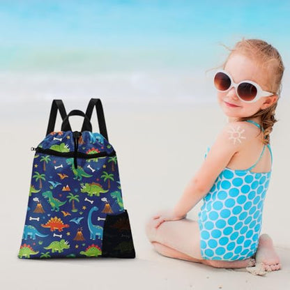 Drawstring Backpack, Blue Dinosaur World, 15" x 17" - color: Dark Blue Dinosaur