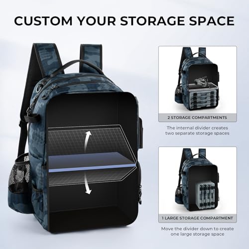 KastKing BaitSpace Fishing Tackle Backpack with Removable Bait Binder,2 Rod Holders Storage Fishing Gear and Equipment - color: C: Blue Camo (With (4) 3600 Tackle Boxes)
